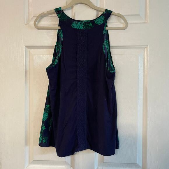 Market & Spruce Blouse  Keyhole Sleeveless Pineapple Tank Top Blue Green Sz Lg - Picture 2 of 14